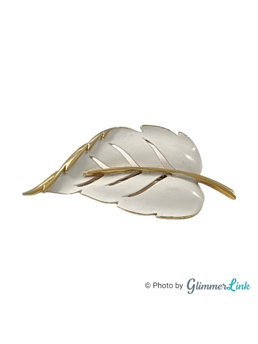 Vintage White Enamel Gold Tone Curved Leaf Brooch